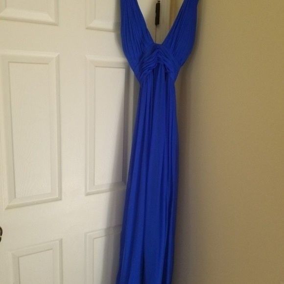 Aidan Mattox Deep Sky Blue Pleated Silk Chiffon Halter-Neck Gown Colbalt - Picture 12 of 15